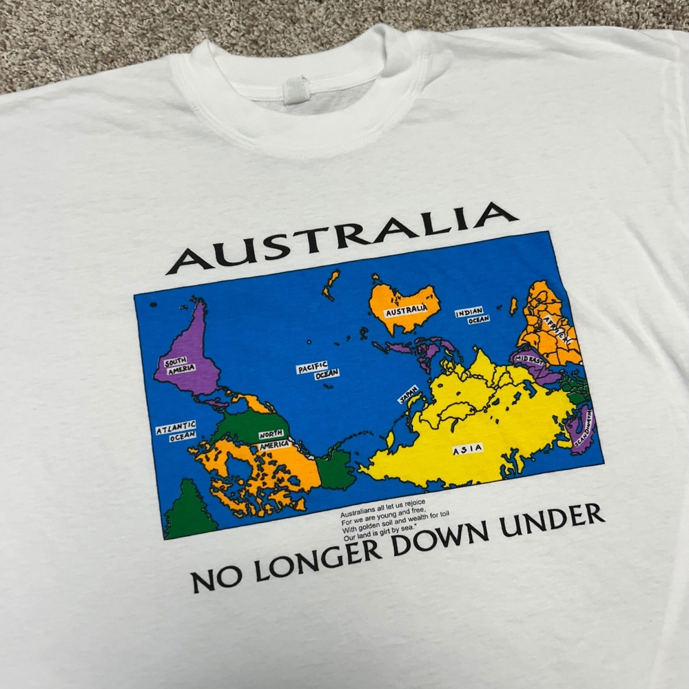 Vintage Australia No Longer Down Under Tshirt Men Size XL White Map Cotton
